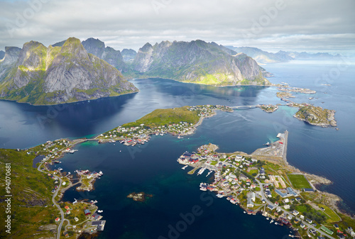 Naklejka ścienna Reine, Norway. Fishing village in Moskenesoya island. Aerial vie