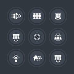 Poster - Solar energy, solar panels, alternative energetics, round dark icons, vector illustration