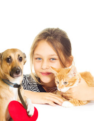 Canvas Print - Girl with a kitten and a dog