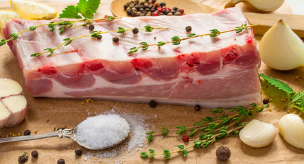 Food still life of raw pork ribs and spices