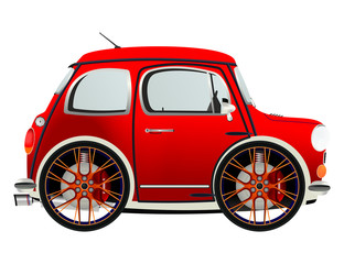 Canvas Print - Funny little car on big wheels on the white background. Raster illustration.