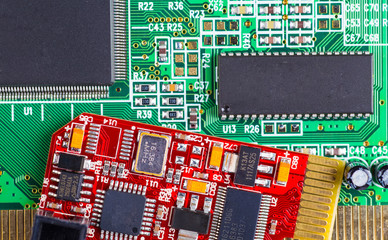 Close up of a printed green computer circuit board