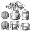 Wooden barrel set and rural landscape with villa, vineyard fields, hills, mountains. Black and white vintage vector illustration for label, poster, web, icon.