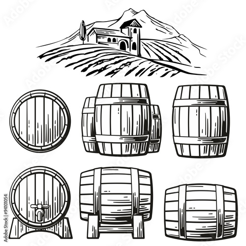 Fotomural Wooden barrel set and rural landscape with villa, vineyard fields, hills, mountains