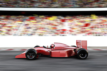 Motor sports red race car side view on a track leading the pack with motion Blur.