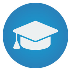 Wall Mural - Flat white Graduation Cap icon on blue circle