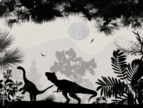 Obraz w ramie Dinosaurs silhouettes in beautiful landscape