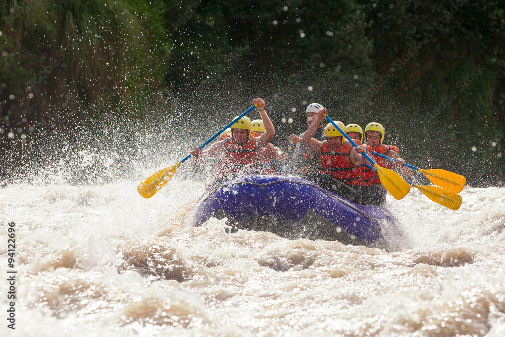 raft water sport white team whitewater rapids river extreme teamwork fun union of mixed pilgrim human and lady with guided by professional pilot on whitewater waterway rafting in ecuador raft water s - obrazy, fototapety, plakaty 