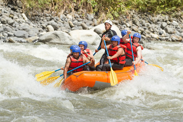 A team of adrenaline junkies navigates through the white waters of an Ecuadorian river on a thrilling rafting expedition, laughing and rowing with determination.