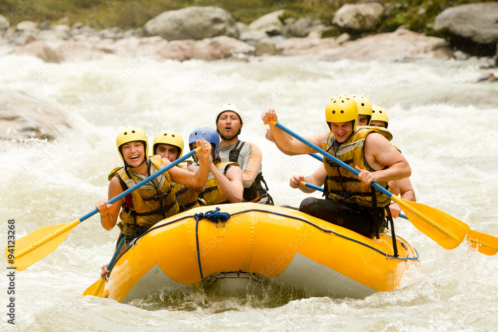 sport raft extrem water river white adventure team challenge group partnership of mixed pioneer human and femininity with guided by specialist pilot on whitewater waterway rafting in ecuador sport ra - obrazy, fototapety, plakaty 
