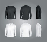 Fototapeta  - Long sleeved t-shirt templates collection, front, back, side view. Black and white colors blank shirts, vector eps10 realistic illustration.