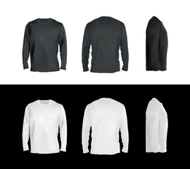 Wall Mural - Long sleeved t-shirt templates collection, front, back, side view. Black and white colors blank shirts, vector eps10 realistic illustration.