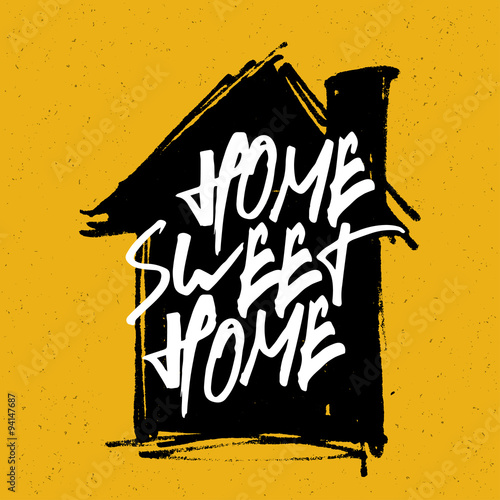 Fotografie, Obraz "Home sweet home" poster. Calligraphy with house hand drawn silh