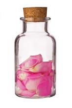 Close Up Of The Glass Jar With Pink Rose Petails