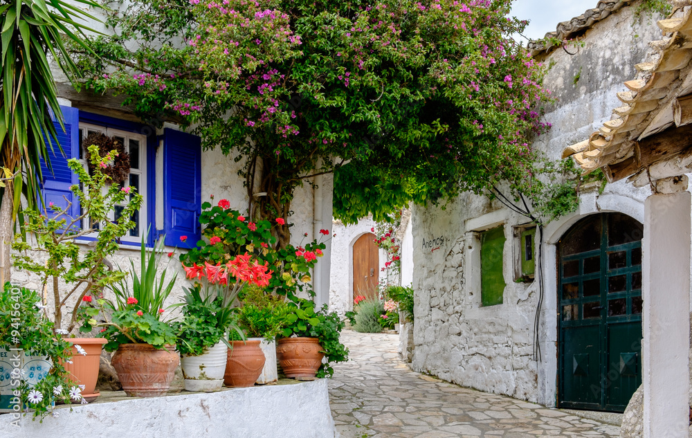 The Garden Village, Afionas, Corfu, Greece. - obrazy, fototapety, plakaty 