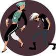 Cool funny rock and roll couple dancing on a circular background, EPS 8 vector illustration, no transparencies