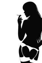 Silhouette Of Young Woman In Lingerie Smoking A Cigarette.  Vector Illustration