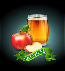 vector cup glass of apple juice with apple slices and green ribb