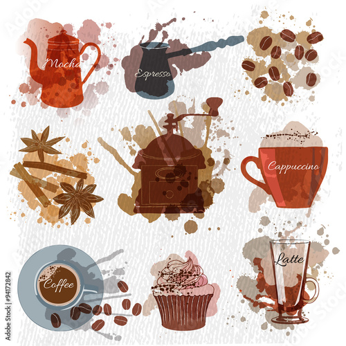 Naklejka dekoracyjna coffee, latte, espresso,coffee bean,cake, cup, pot, coffe mill