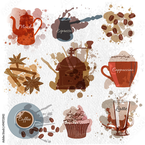 Fototapeta dla dzieci coffee, latte, espresso,coffee bean,cake, cup, pot, coffe mill