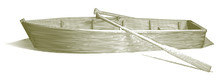 Engraved-style Illustration Of A Wooden Row Boat With Oars.