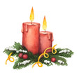 Watercolor red candle and fir branches with berries