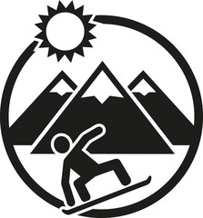 Sticker - Snowboarding emblem with boarder hills and sun