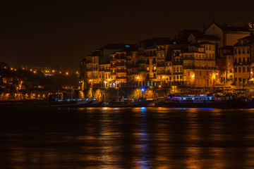 Sticker - Overview of Old Town of Porto, Portugal at night.