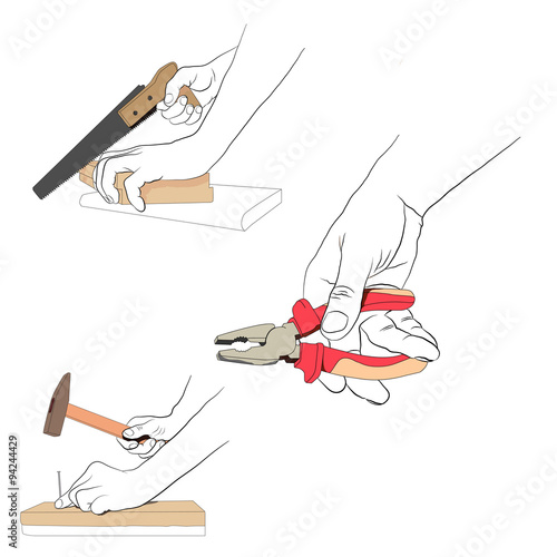 Fotografie, Obraz Contour hands with colored tools. Set industrial icon - 2