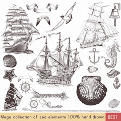 Wall Mural - Collection of vector nautical elements on theme of sea