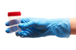 © IntelWond - Close up of female doctor's hand in blue sterilized surgical glove holding empty transparent plastic sterile specimen collection container with red cap against white background