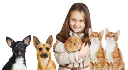 Canvas Print - smiling girl and a set of pets