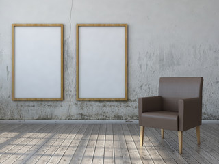 mock up poster frames in interior background with armchair. 3d illustration