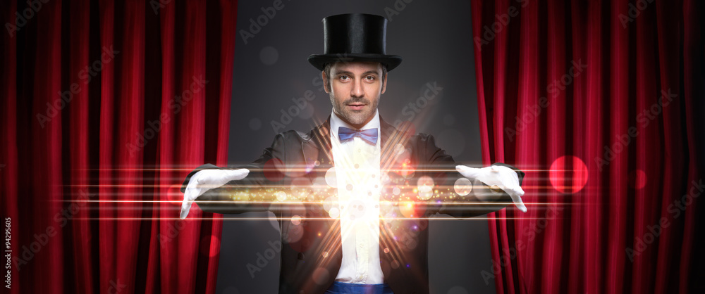 magician showing trick - obrazy, fototapety, plakaty 