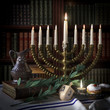 hanukkah background with candles, donuts, spinning top and old books