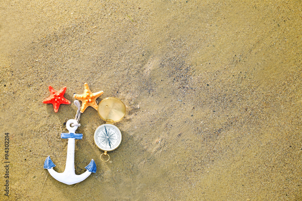 Beautiful sea composition on sand beach background