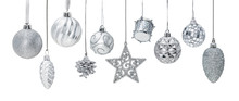 Silver Christmas New Year Baubles For Christmas Tree Ornaments, Pine, Spruce, Balls, Stars, Bells, Pine Cones, Drums Isolated On White