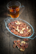 Pecan Nuts In Glass Bowl