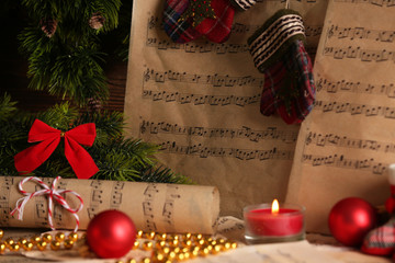 Wall Mural - Music notes with Christmas decoration close up