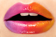 The lips with bright makeup. Closeup.