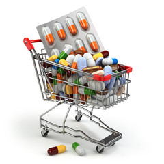 Pharmacy medicine concept. Shopping cart with pills and capsules