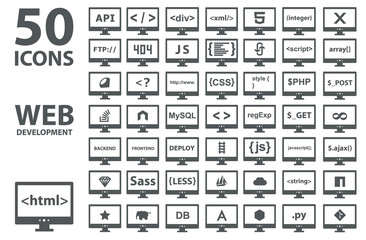 Wall Mural - vector collection of web development icons: html, css, tag, server, programming language, script, st