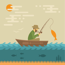 Fishing Vector Illustration, Fisherman With Rod And Fish