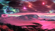 Sunrise Pink Stars On A Snowy Planet. Mountain Plateau Covered With Snow. Bright Star Quickly Rises Over The Misty Horizon. 