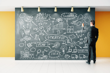 Wall Mural - Businessman draws business development concept on blackboard