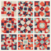 Vector Seamless Blue Red Orange Geometric Ethnic Square Quilt Pattern Collection