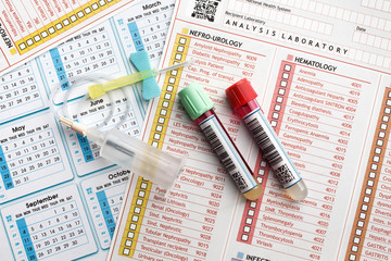 Wall Mural - tubes of blood samples for analysis with report and calendar citations and needle /Laboratory work tools of health analysis and in the background a request calendar of citations
