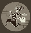 Vector cartoon image of a robber in black pants and a striped jacket with a mask on his face runs away with a bag of money on the background of a ball of light. Pictured in a retro style.