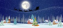 Background  With Christmas Tree And Night Village