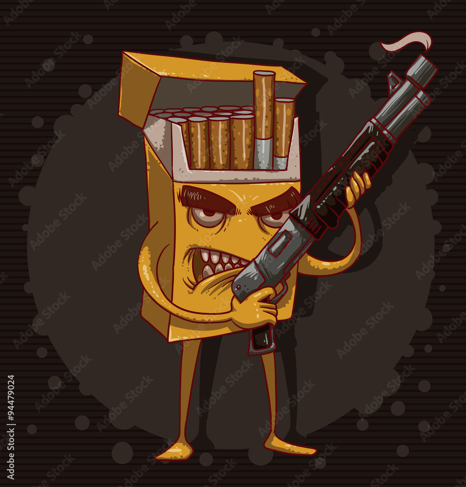 Vector cigarettes kill, yellow. Cartoon image of a yellow pack of cigarettes  with a face, arms